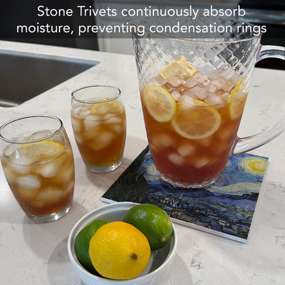 Thirstystone Starry Night Decorative Heat Tolerant Stone Trivet with Non-Skid Cork Backing 8” Square Artistic, Durable, Easily Wipes Clean