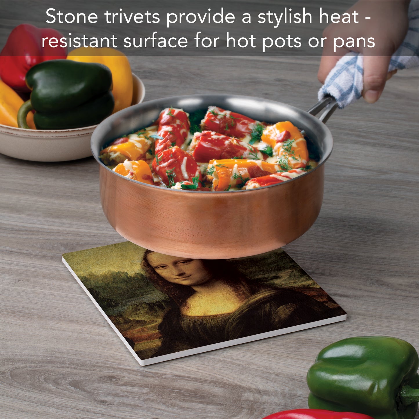 Thirstystone Mona Lisa Decorative Heat Tolerant Stone Trivet with Non-Skid Cork Backing 8” Square Artistic, Durable, Easily Wipes Clean