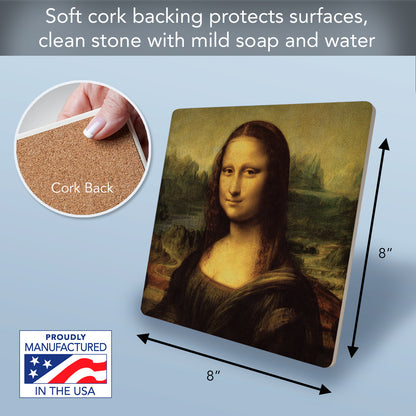 Thirstystone Mona Lisa Decorative Heat Tolerant Stone Trivet with Non-Skid Cork Backing 8” Square Artistic, Durable, Easily Wipes Clean