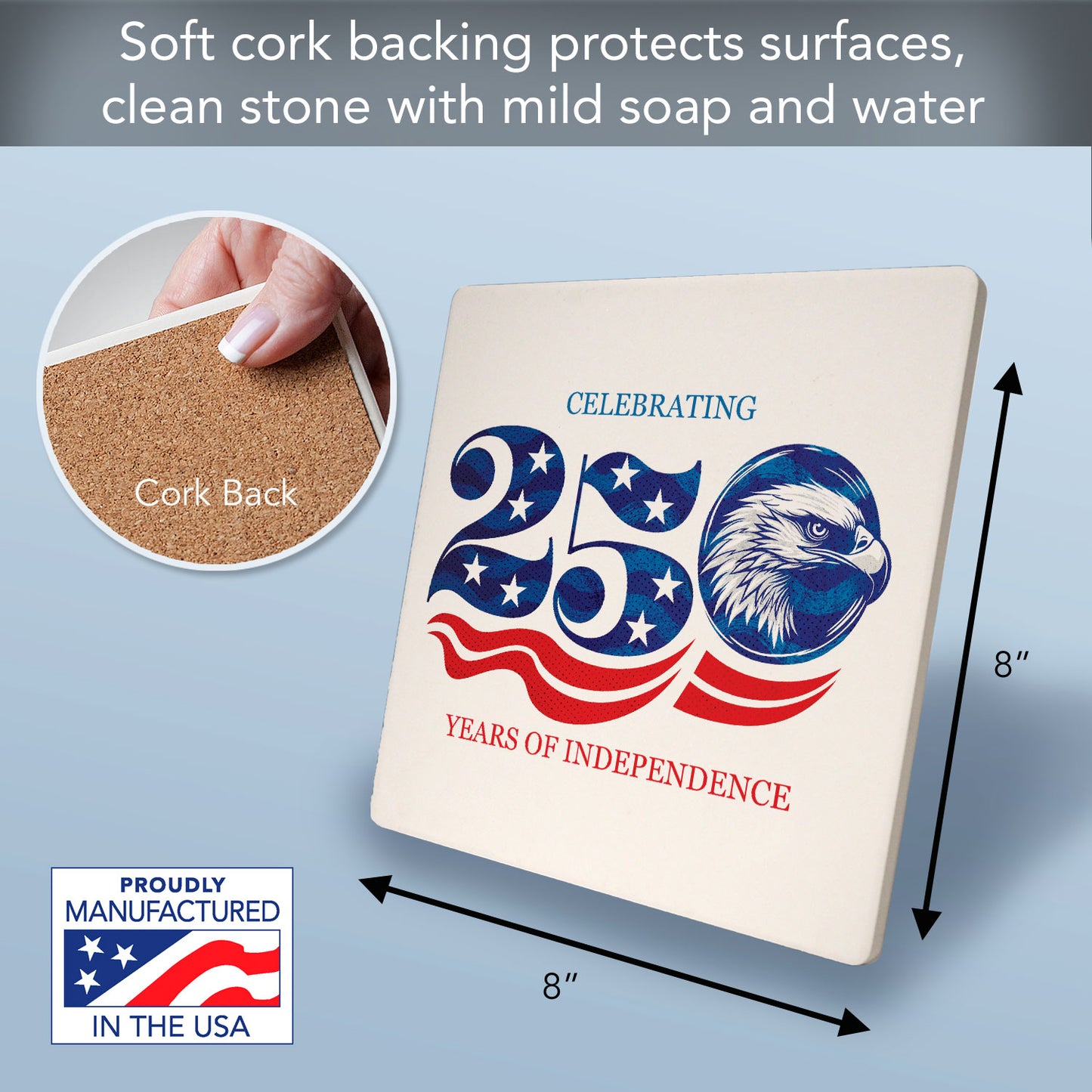 Thirstystone Celebrate 250 Years Decorative Heat Tolerant Stone Trivet with Non-Skid Cork Backing 8” Square