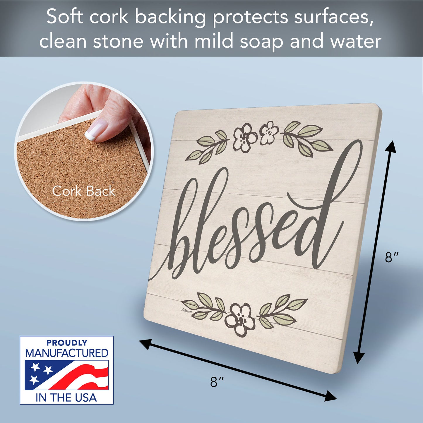 Thirstystone Blessed Delight Decorative Heat Tolerant Stone Trivet with Non-Skid Cork Backing 8” Square