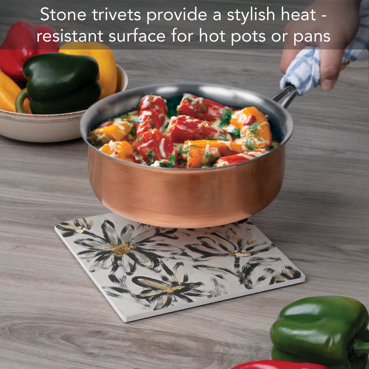 Thirstystone Flower Fresco Decorative Heat Tolerant Stone Trivet with Non-Skid Cork Backing 8” Square