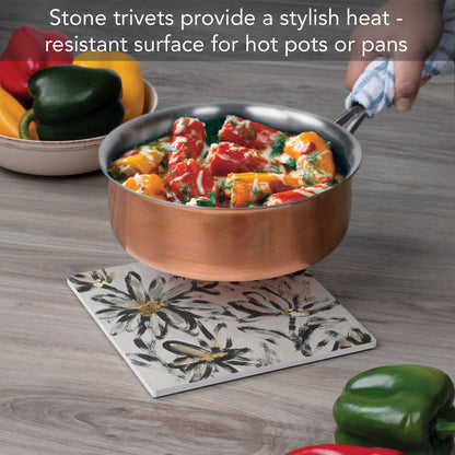 Thirstystone Flower Fresco Decorative Heat Tolerant Stone Trivet with Non-Skid Cork Backing 8” Square