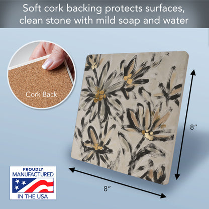 Thirstystone Flower Fresco Decorative Heat Tolerant Stone Trivet with Non-Skid Cork Backing 8” Square