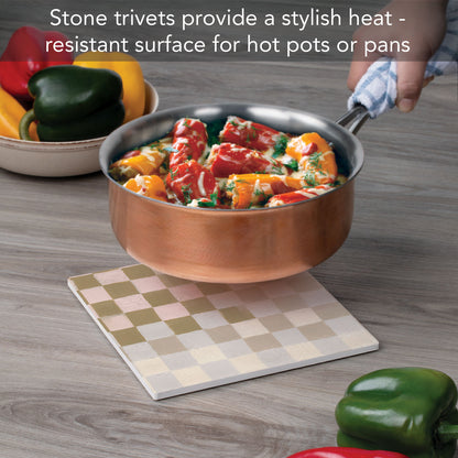 Thirstystone Millenial Checkers Decorative Heat Tolerant Stone Trivet with Non-Skid Cork Backing 8” Square