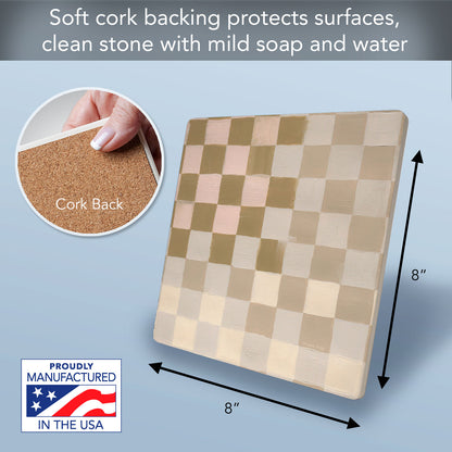 Thirstystone Millenial Checkers Decorative Heat Tolerant Stone Trivet with Non-Skid Cork Backing 8” Square