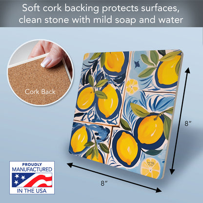 Thirstystone Cucina Al Limone Decorative Heat Tolerant Stone Trivet with Non-Skid Cork Backing 8” Square