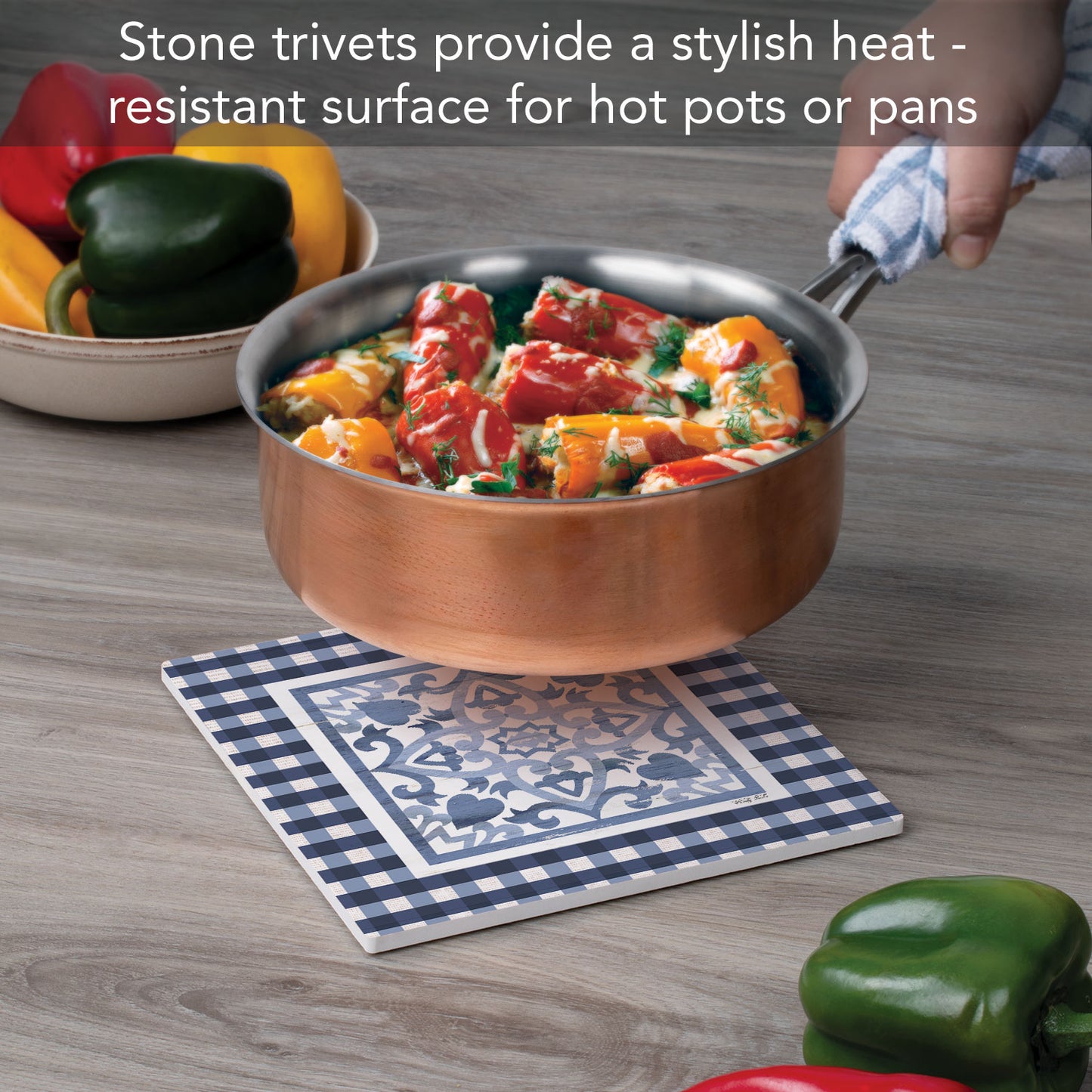Thirstystone Blue Ivey Decorative Heat Tolerant Stone Trivet with Non-Skid Cork Backing 8” Square