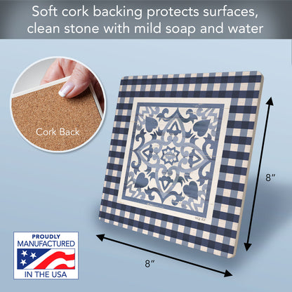 Thirstystone Blue Ivey Decorative Heat Tolerant Stone Trivet with Non-Skid Cork Backing 8” Square