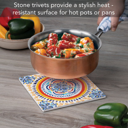 Thirstystone Spanish Tile Design Decorative Heat Tolerant Stone Trivet with Non-Skid Cork Backing 8” Square