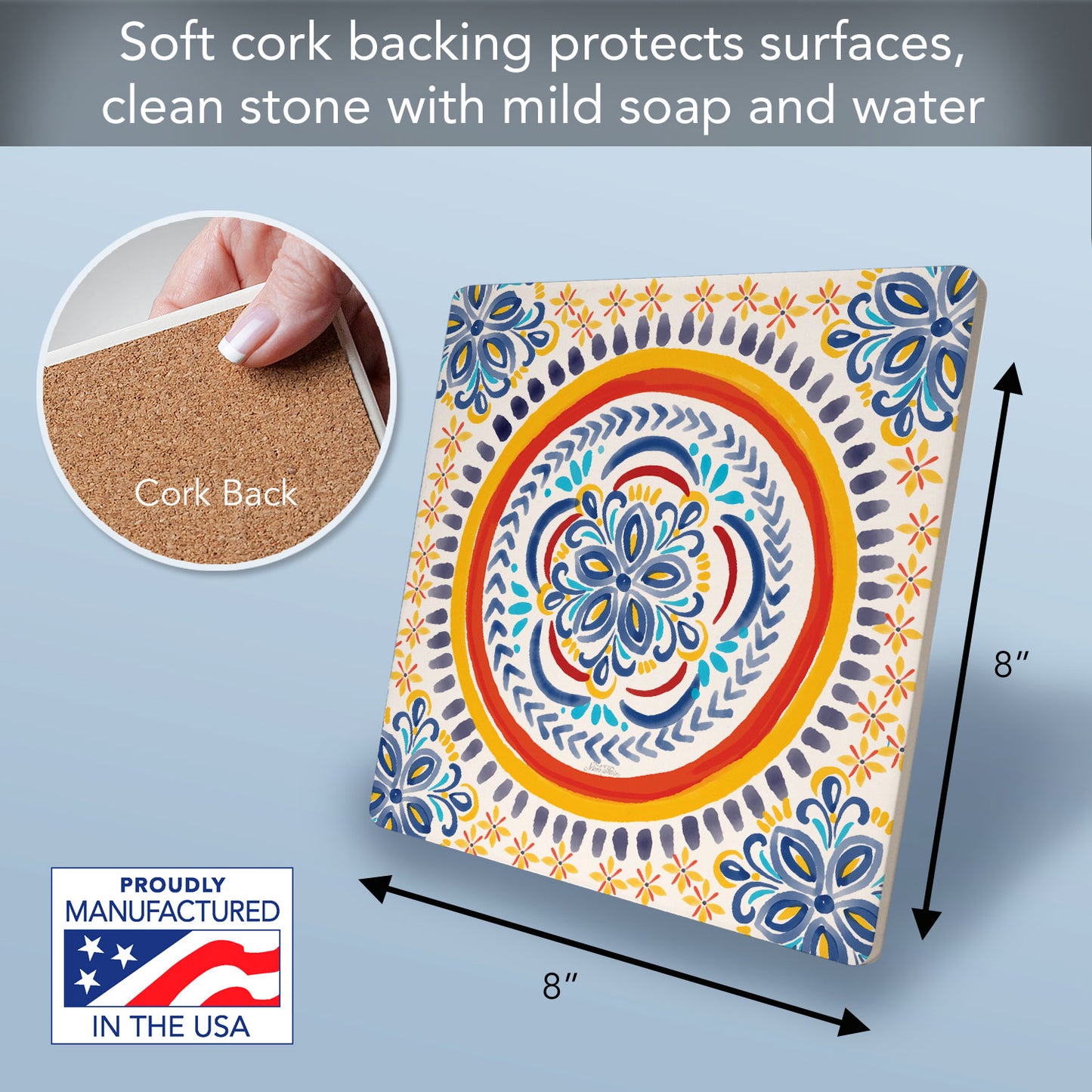 Thirstystone Spanish Tile Design Decorative Heat Tolerant Stone Trivet with Non-Skid Cork Backing 8” Square