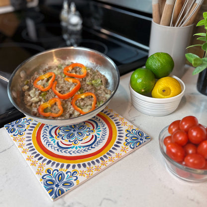 Thirstystone Spanish Tile Design Decorative Heat Tolerant Stone Trivet with Non-Skid Cork Backing 8” Square