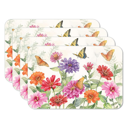 CounterArt Zinnias & Butterflies 4 Pack Reversible Easy Care Flexible Placemats Made in the USA