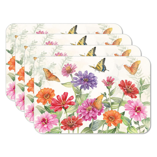 CounterArt Zinnias & Butterflies 4 Pack Reversible Easy Care Flexible Placemats Made in the USA