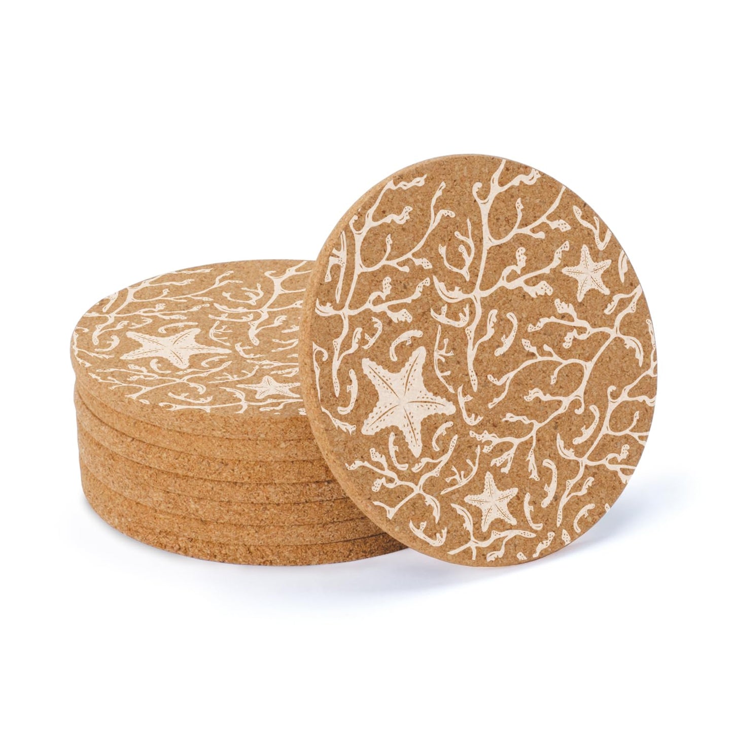 Thirstystone Starfish 8-Pack Thick Natural Cork Coasters Manufactured in The USA Eco-Friendly Absorbent Durable