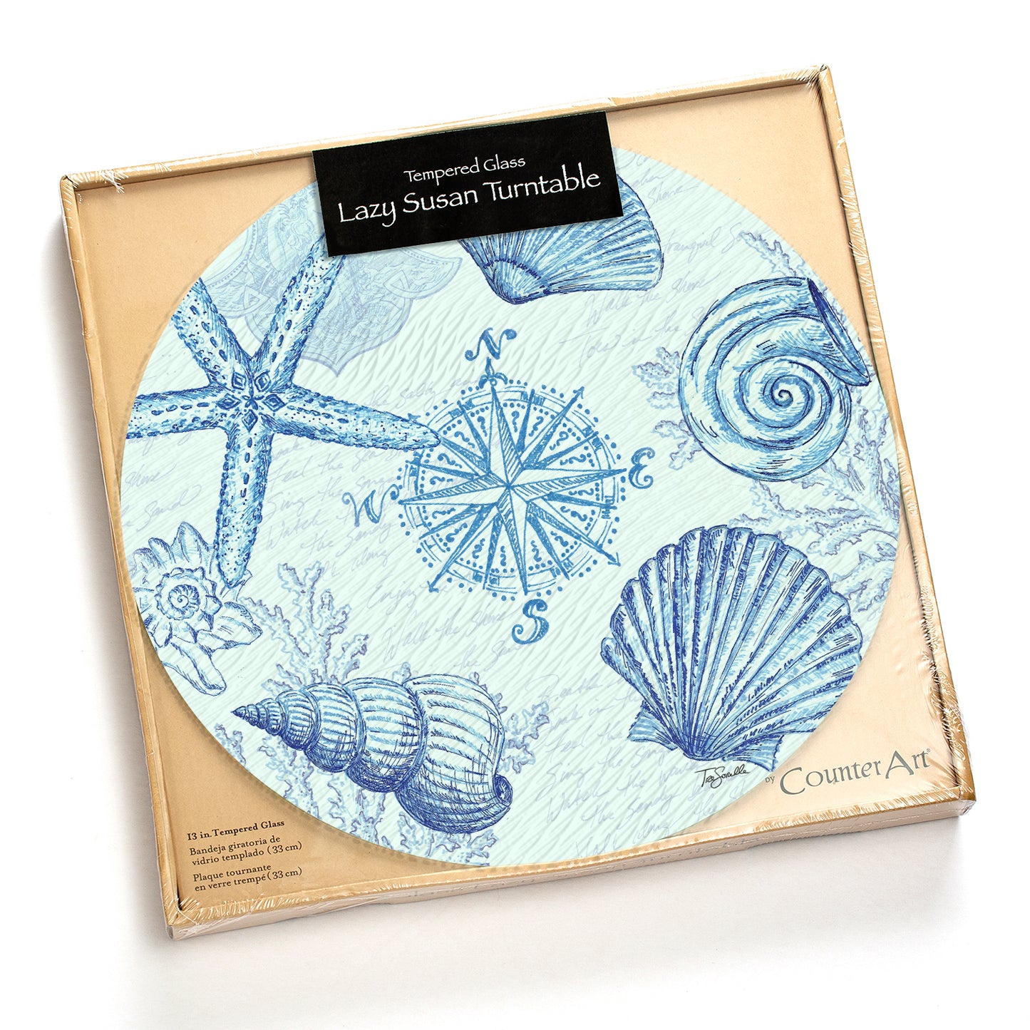 CounterArt Coastal Sketch 4mm Tempered Glass Lazy Susan Turntable 13" Diameter