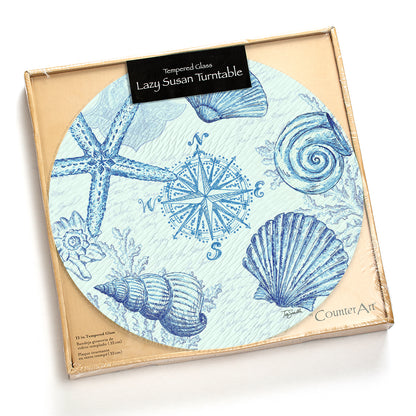 CounterArt Coastal Sketch 4mm Tempered Glass Lazy Susan Turntable 13" Diameter