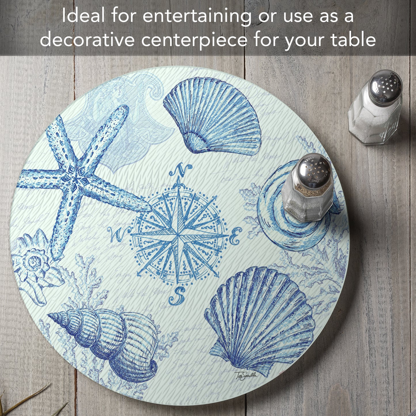 CounterArt Coastal Sketch 4mm Tempered Glass Lazy Susan Turntable 13" Diameter