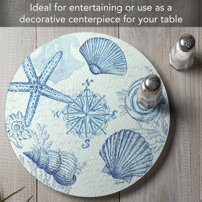 CounterArt Coastal Sketch 4mm Tempered Glass Lazy Susan Turntable 13" Diameter