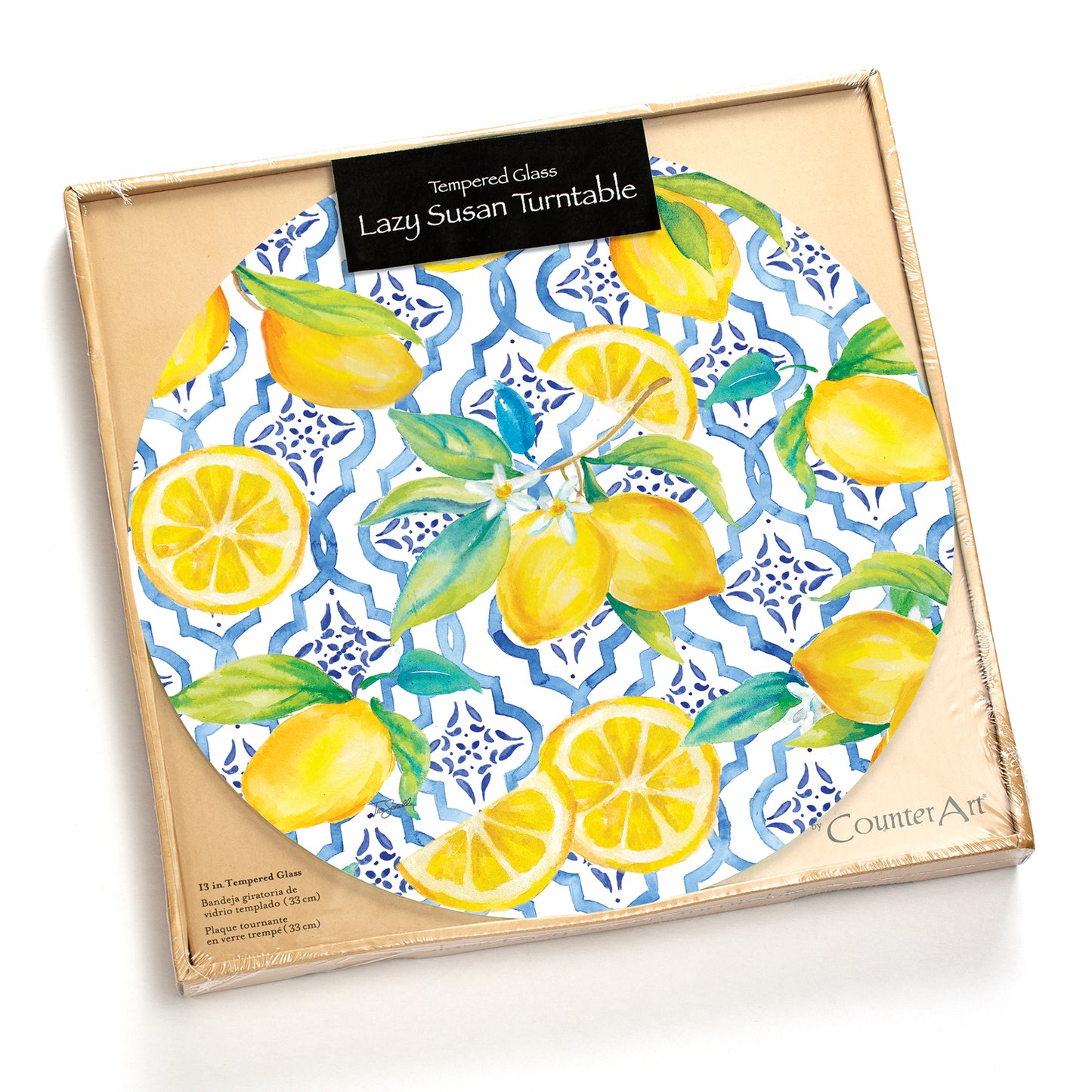 CounterArt Lovely Lemons 4mm Tempered Glass Lazy Susan Turntable 13" Diameter