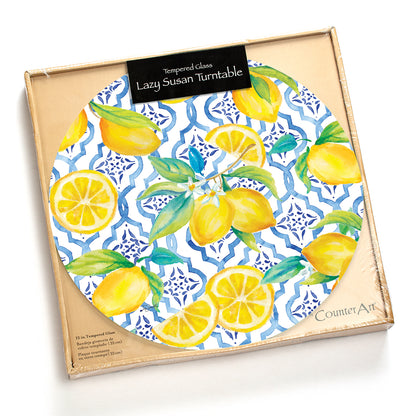 CounterArt Lovely Lemons 4mm Tempered Glass Lazy Susan Turntable 13" Diameter