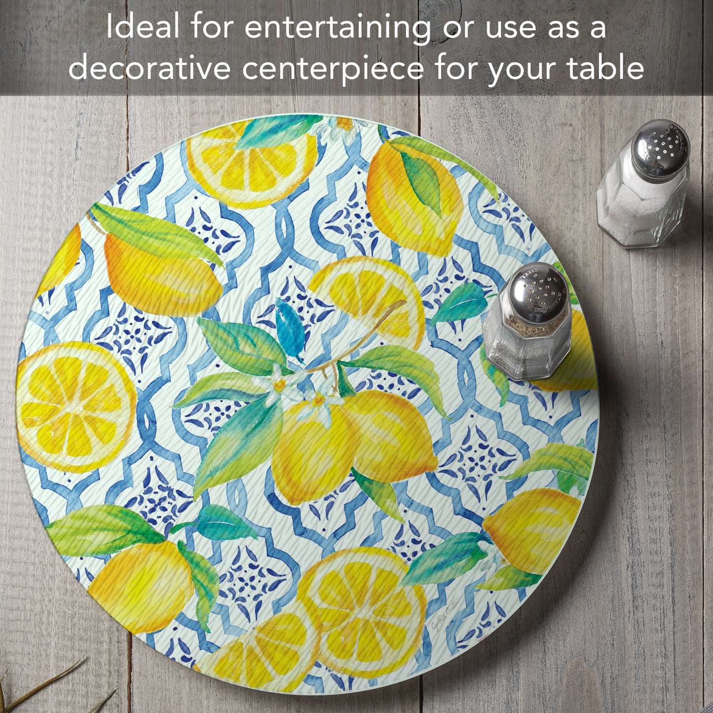 CounterArt Lovely Lemons 4mm Tempered Glass Lazy Susan Turntable 13" Diameter