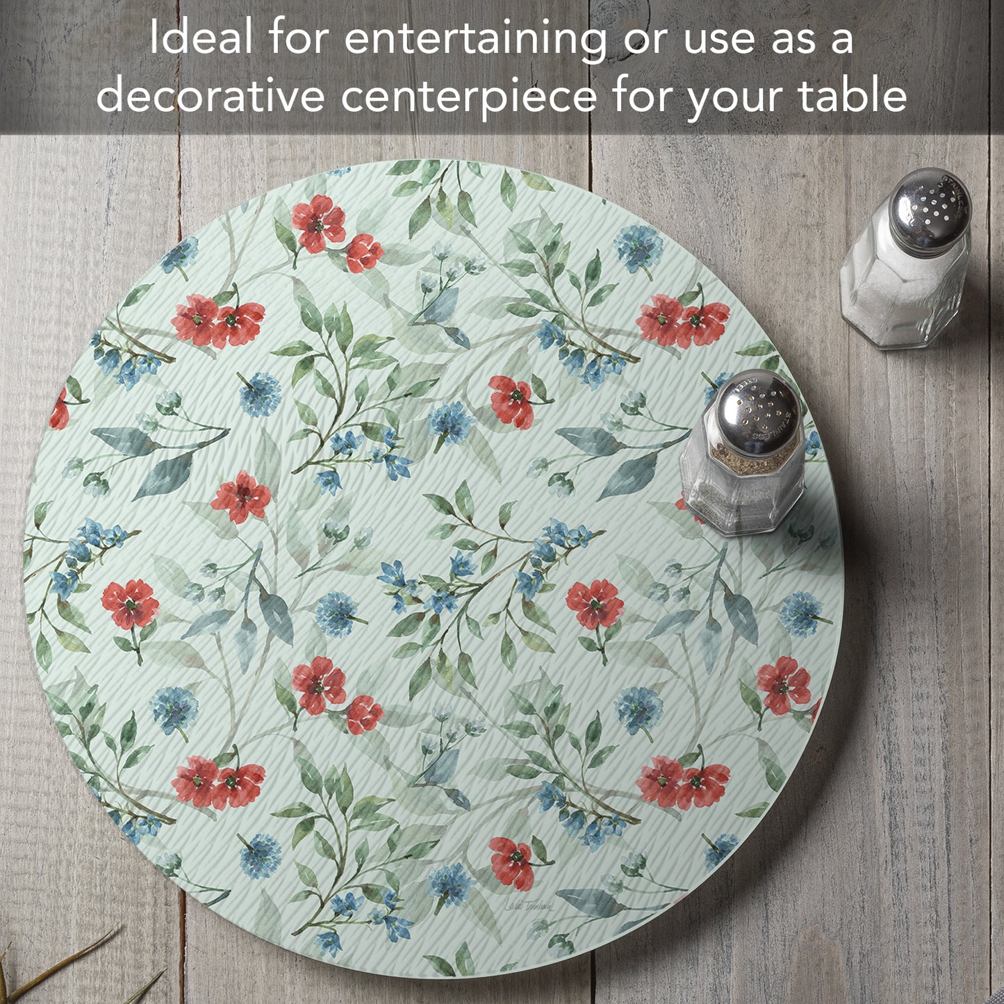 CounterArt Red White & Blue Floral 4mm Tempered Glass Lazy Susan Turntable 13" Diameter