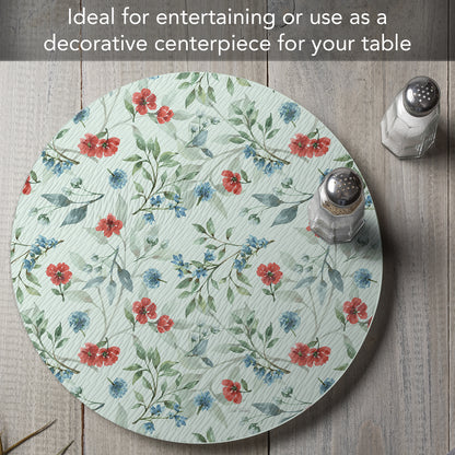 CounterArt Red White & Blue Floral 4mm Tempered Glass Lazy Susan Turntable 13" Diameter
