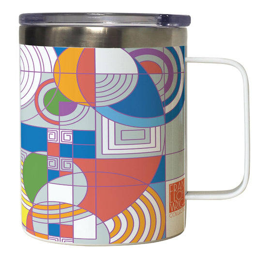 Highland Home Hoffman Rug Design by Frank Lloyd Wright on Stainless Steel Mug with Lid 12 oz. Manufactured in the USA