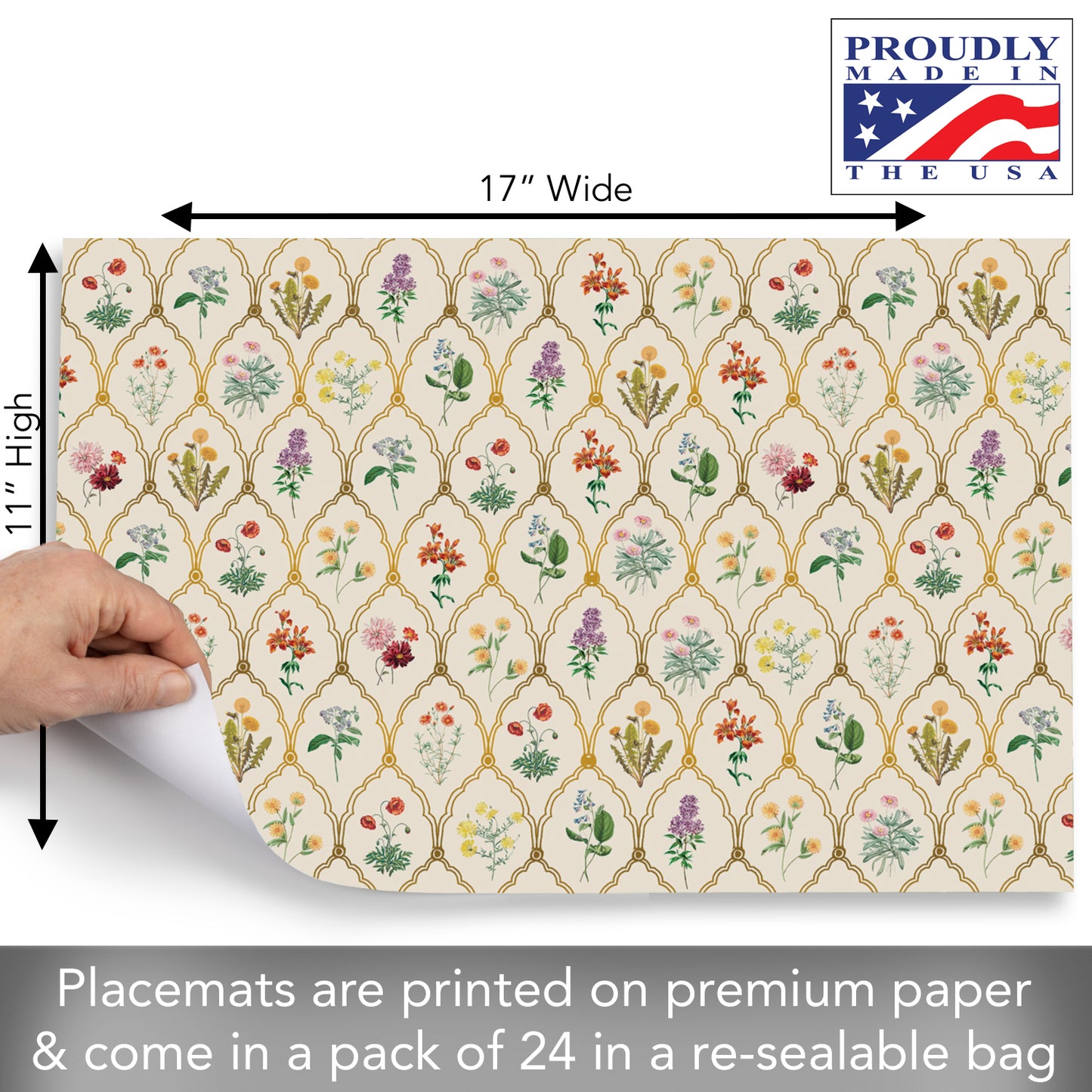 CounterArt Wildflowers 24 Premium Paper Placemats in Resealable Storage Bag Made in The USA 17" x 11"