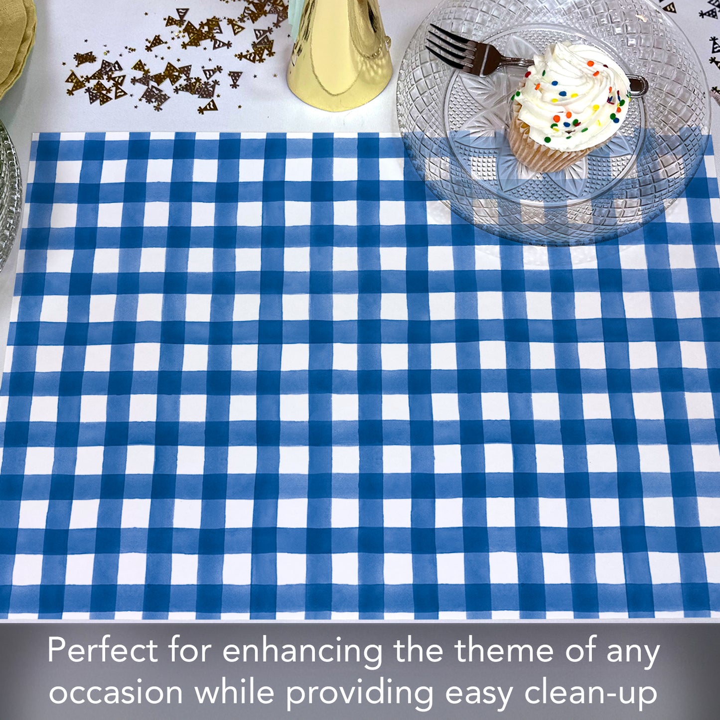 CounterArt Blue Gingham 24 Premium Paper Placemats in Resealable Poly-Bag Made in The USA 17" x 11"