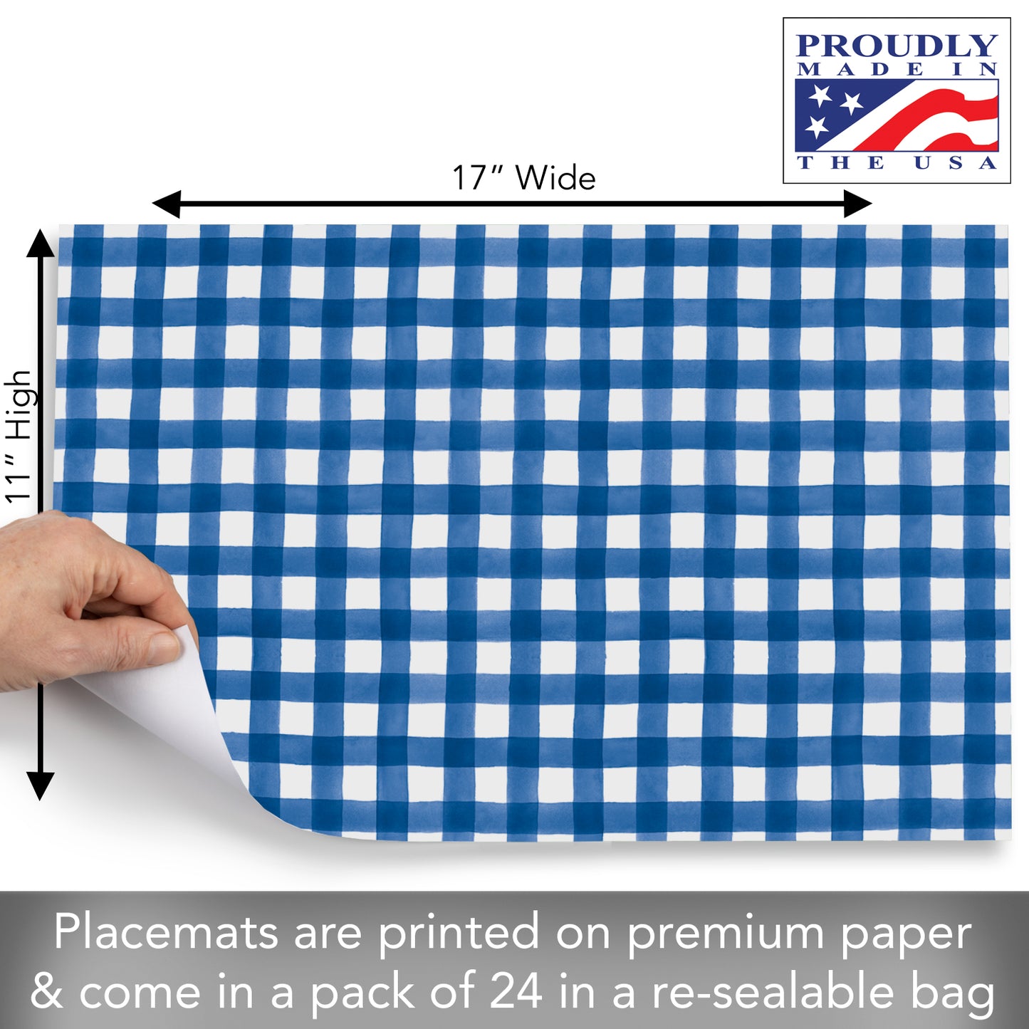CounterArt Blue Gingham 24 Premium Paper Placemats in Resealable Poly-Bag Made in The USA 17" x 11"