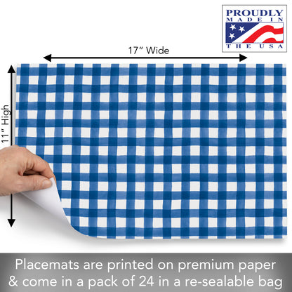 CounterArt Blue Gingham 24 Premium Paper Placemats in Resealable Poly-Bag Made in The USA 17" x 11"