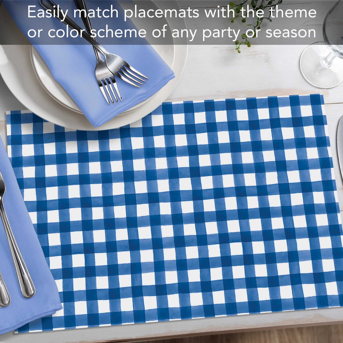 CounterArt Blue Gingham 24 Premium Paper Placemats in Resealable Poly-Bag Made in The USA 17" x 11"