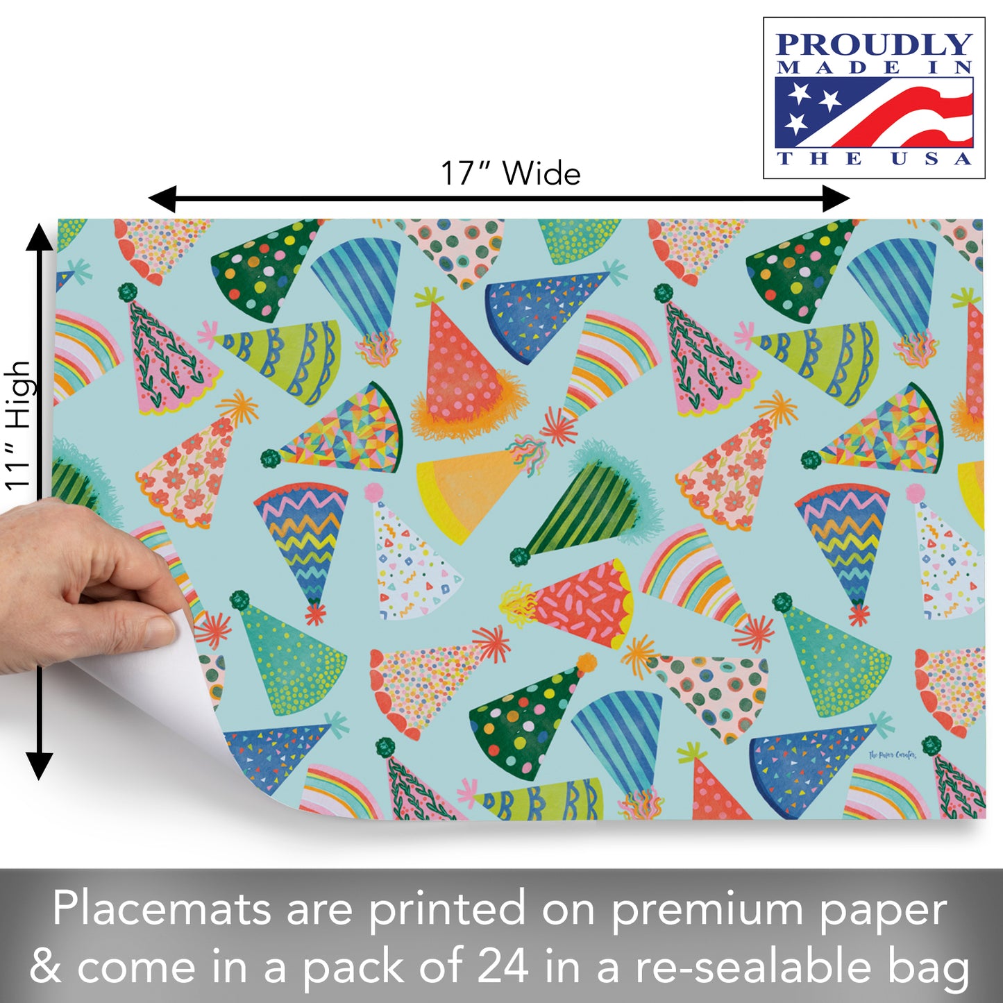 CounterArt Party Hats 24 Premium Paper Placemats in Resealable Storage Bag Made in The USA 17" x 11"