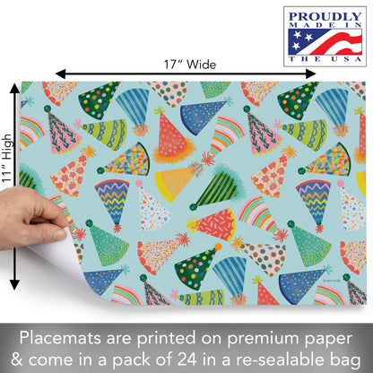 CounterArt Party Hats 24 Premium Paper Placemats in Resealable Storage Bag Made in The USA 17" x 11"