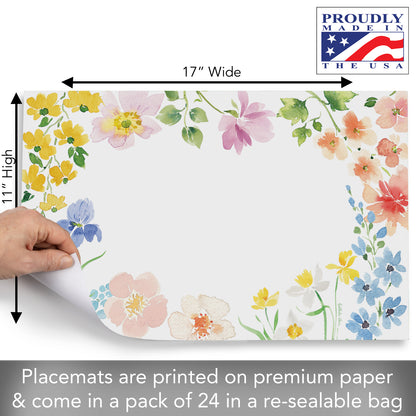 CounterArt Watercolor Florals 24 Premium Paper Placemats in Resealable Storage Bag Made in The USA 17" x 11"