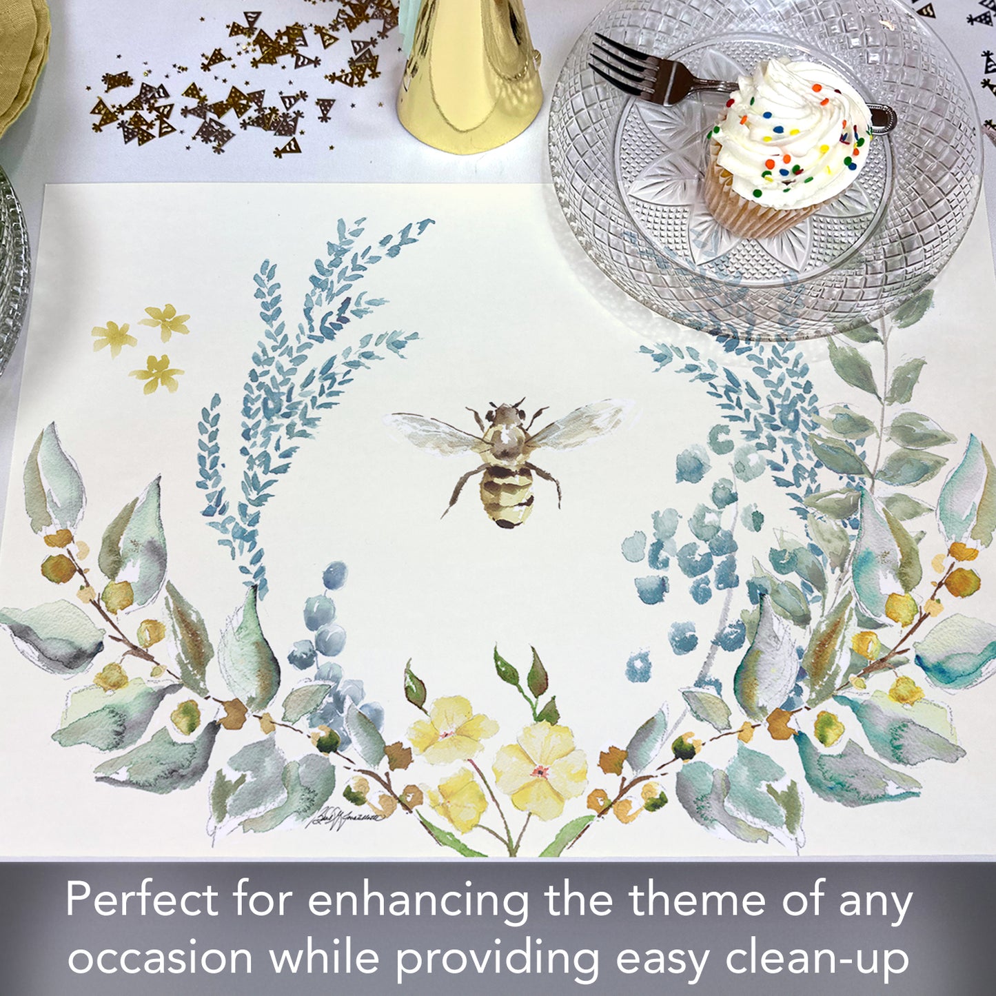 CounterArt Bee Crest 24 Premium Paper Placemats in Resealable Storage Bag Made in The USA 17" x 11"