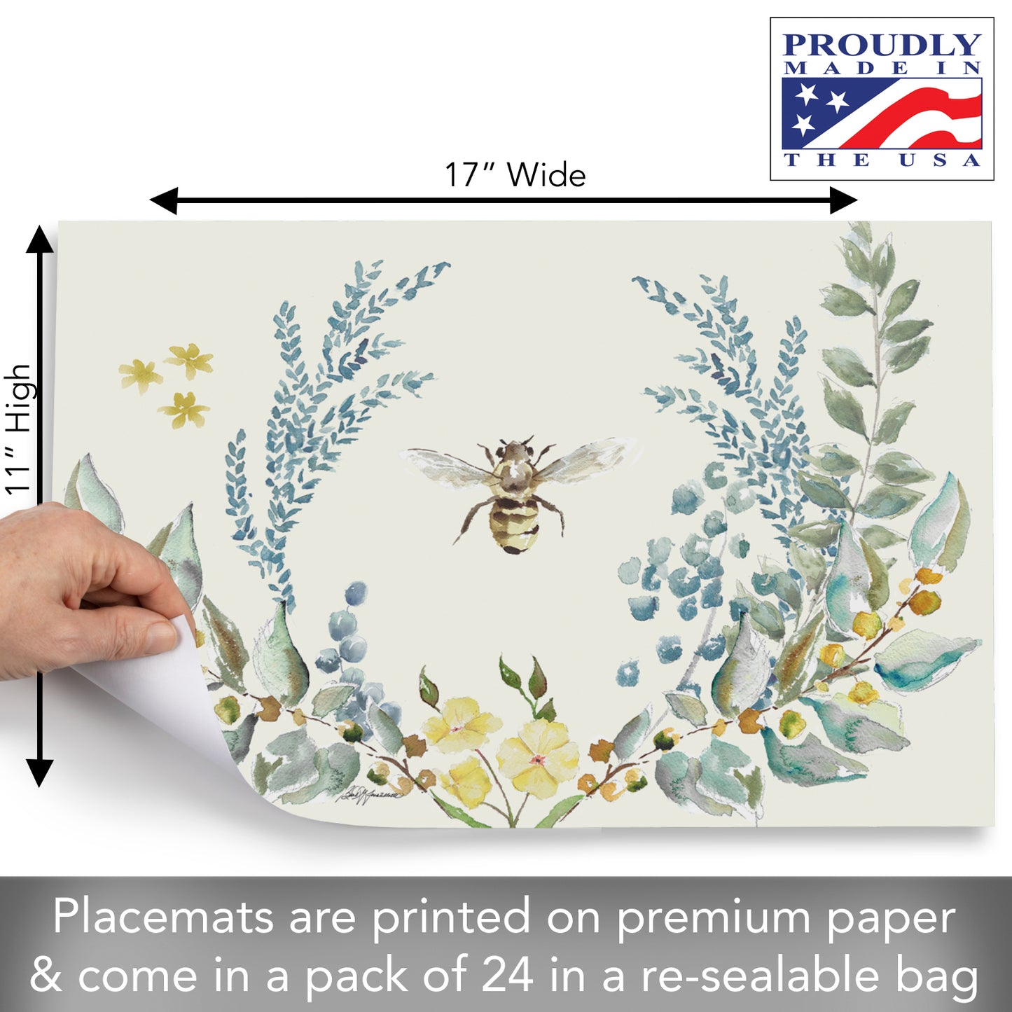 CounterArt Bee Crest 24 Premium Paper Placemats in Resealable Storage Bag Made in The USA 17" x 11"