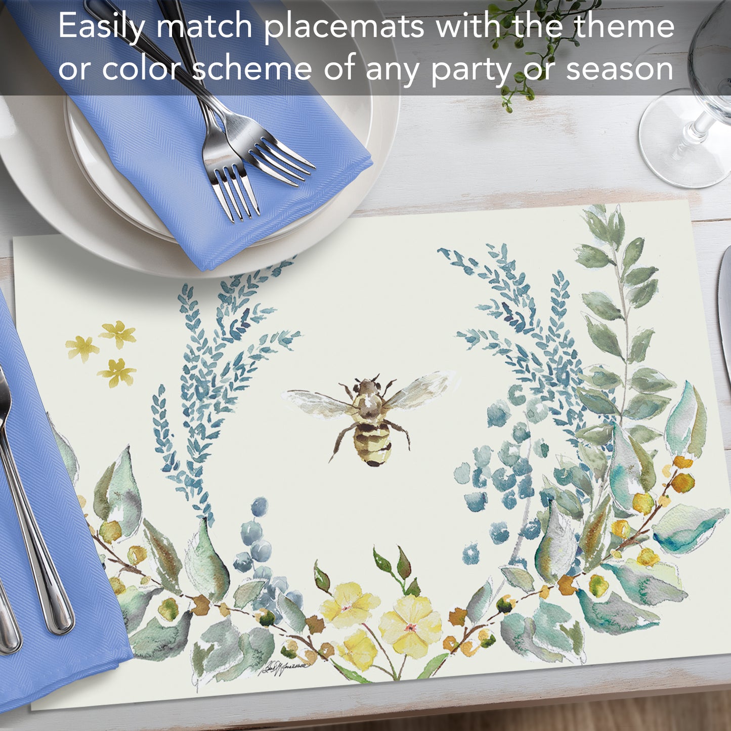CounterArt Bee Crest 24 Premium Paper Placemats in Resealable Storage Bag Made in The USA 17" x 11"