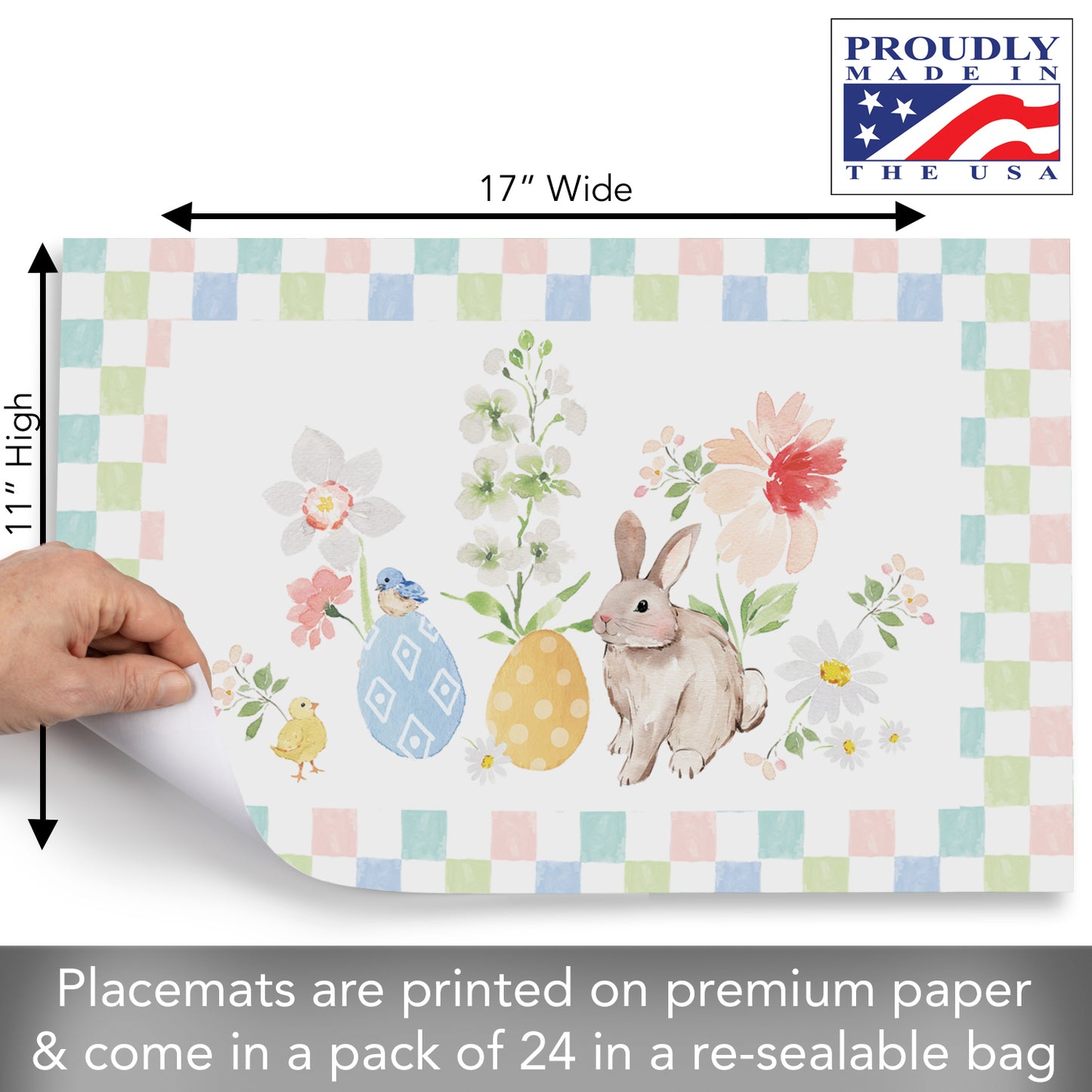 CounterArt Bunny Checkerboard 24 Premium Paper Placemats in Resealable Poly-Bag Made in The USA