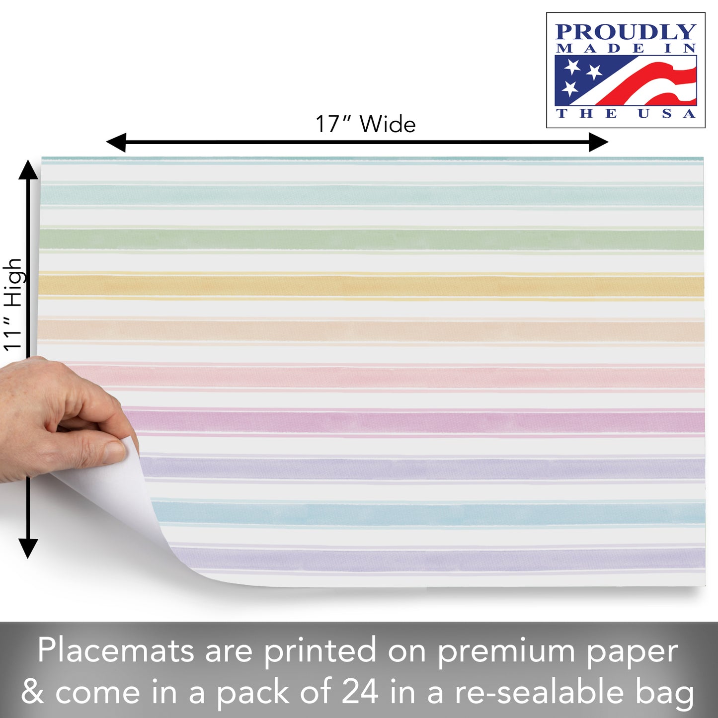 CounterArt Spring Stripes 24 Premium Paper Placemats in Resealable Poly-Bag Made in The USA 17" x 11"