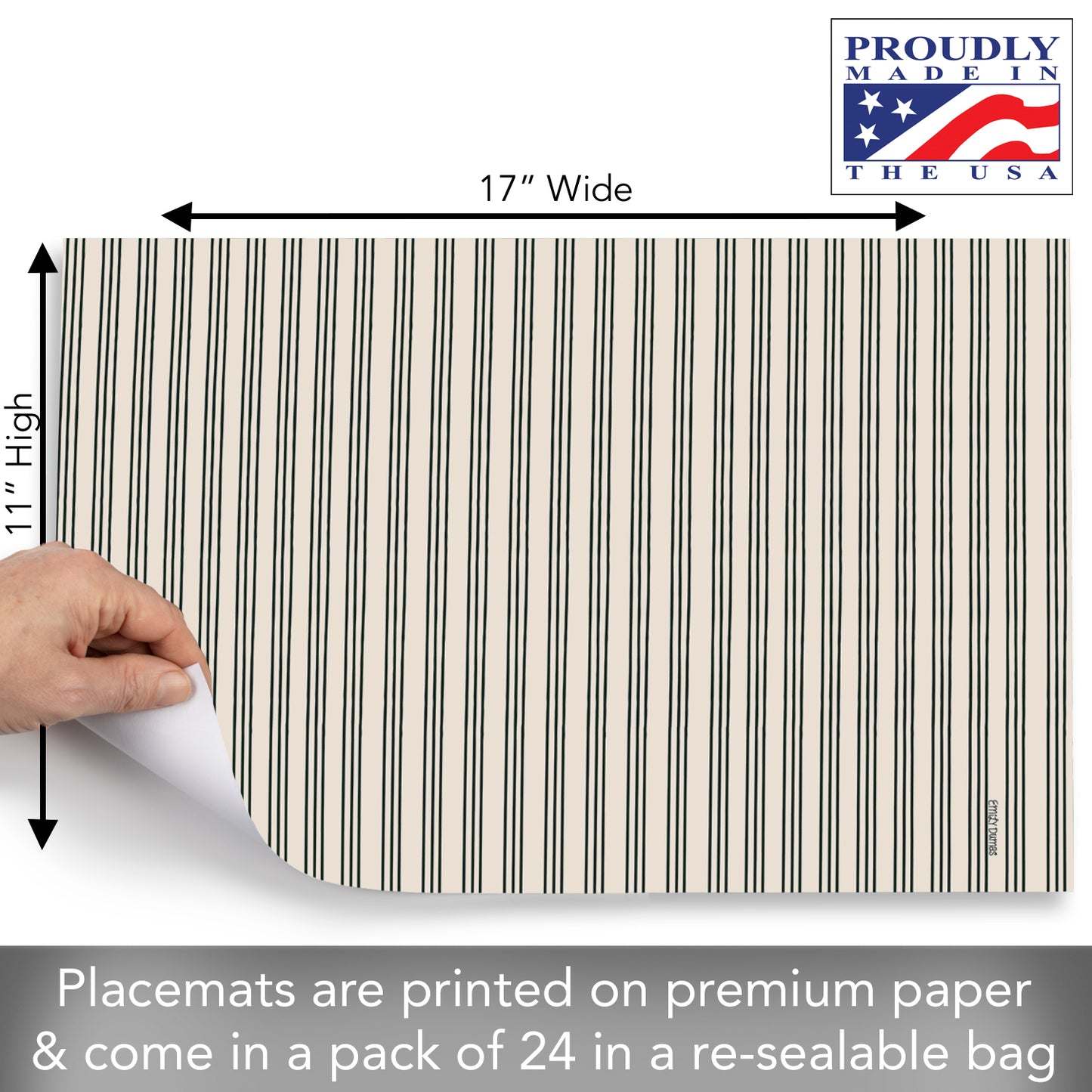CounterArt Ticking Stripe 24 Premium Paper Placemats in Resealable Storage Bag Made in The USA 17" x 11"