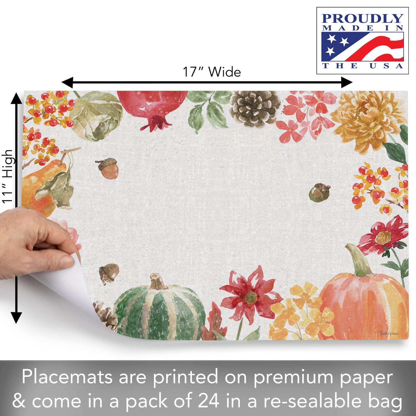 CounterArt Harvest 24 Premium Paper Placemats in Resealable Storage Bag Made in The USA