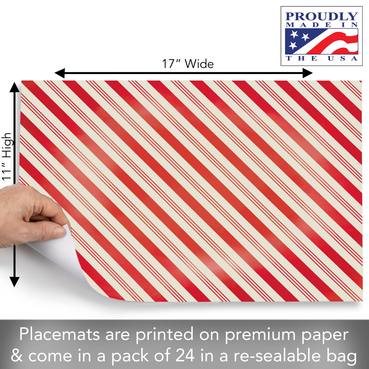 CounterArt Peppermint Stripes 24 Premium Paper Placemats in Resealable Storage Bag Made in The USA