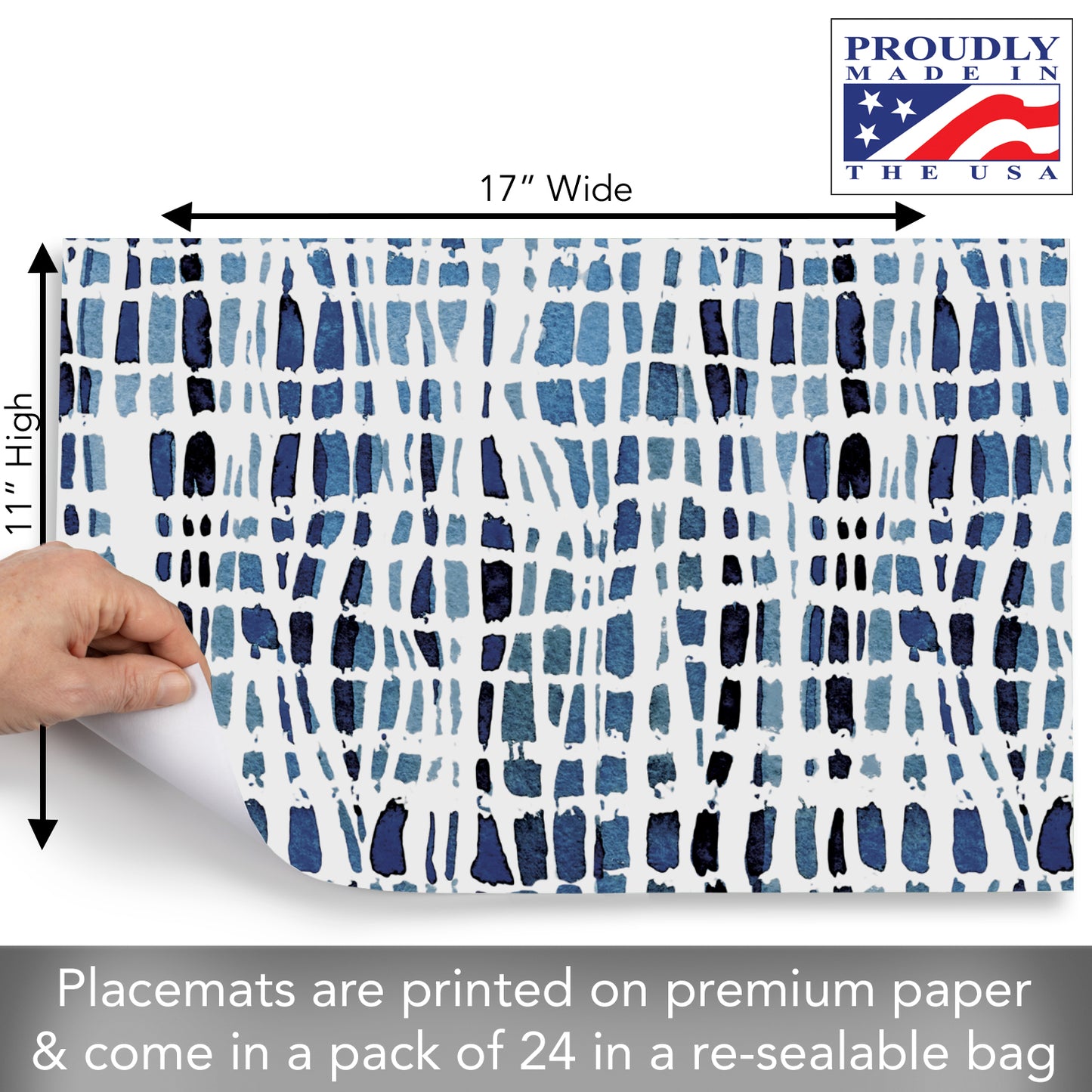 CounterArt Indigo Lines 24 Premium Paper Placemats in Resealable Poly-Bag Made in The USA 17" x 11"
