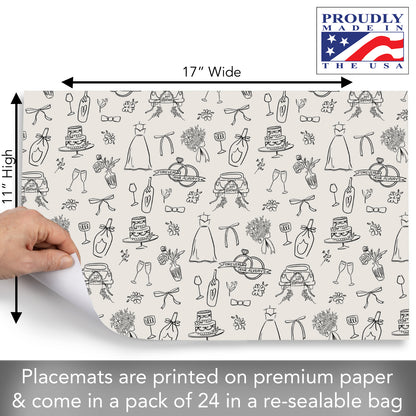 Wedding Wishes 24 Sheet Reusable Premium Paper Stock Placemats in Resealable Storage Bag Made in The USA 17" x 11"