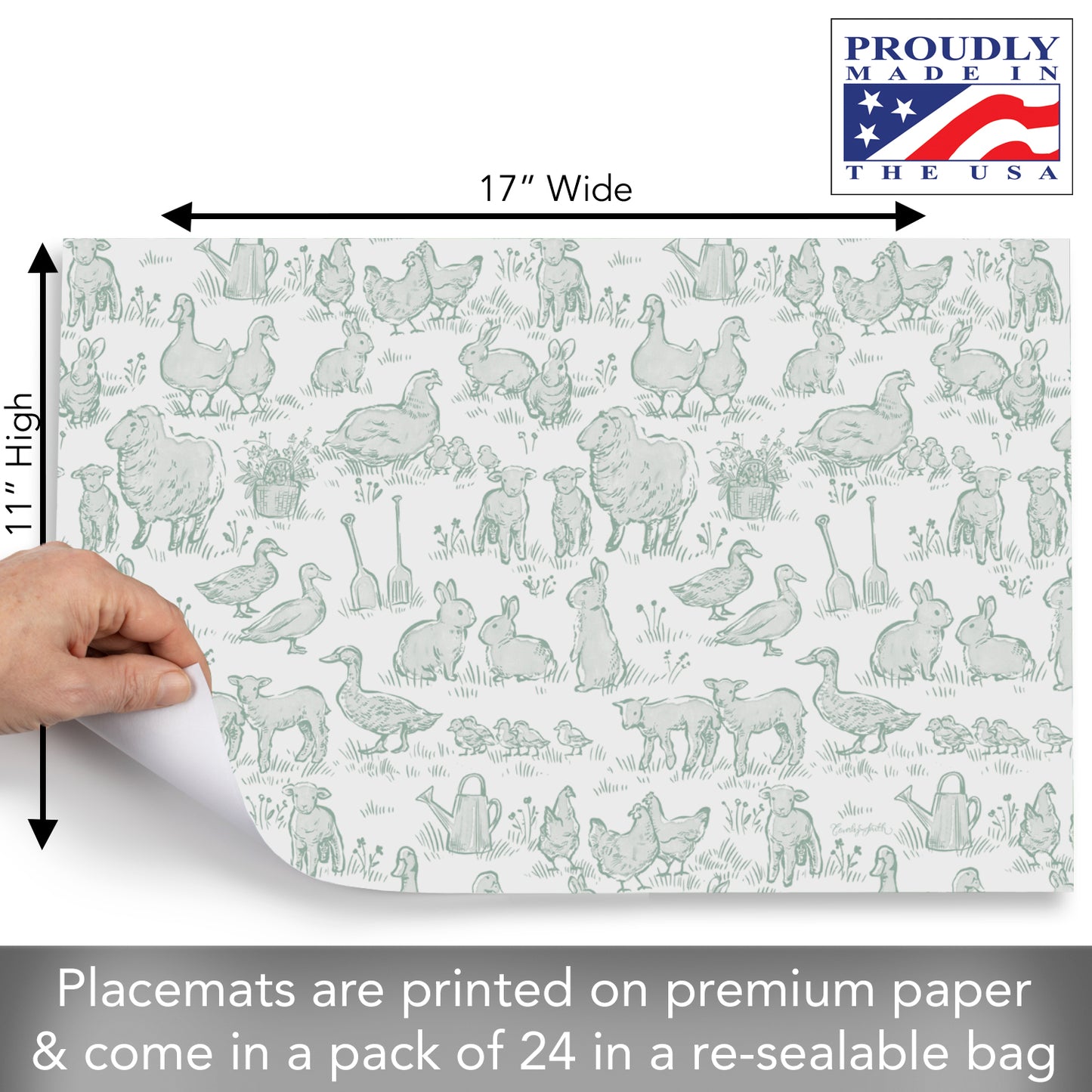 Farmhouse Baby 24 Sheet Reusable Premium Paper Stock Placemats in Resealable Storage Bag Made in The USA 17" x 11"