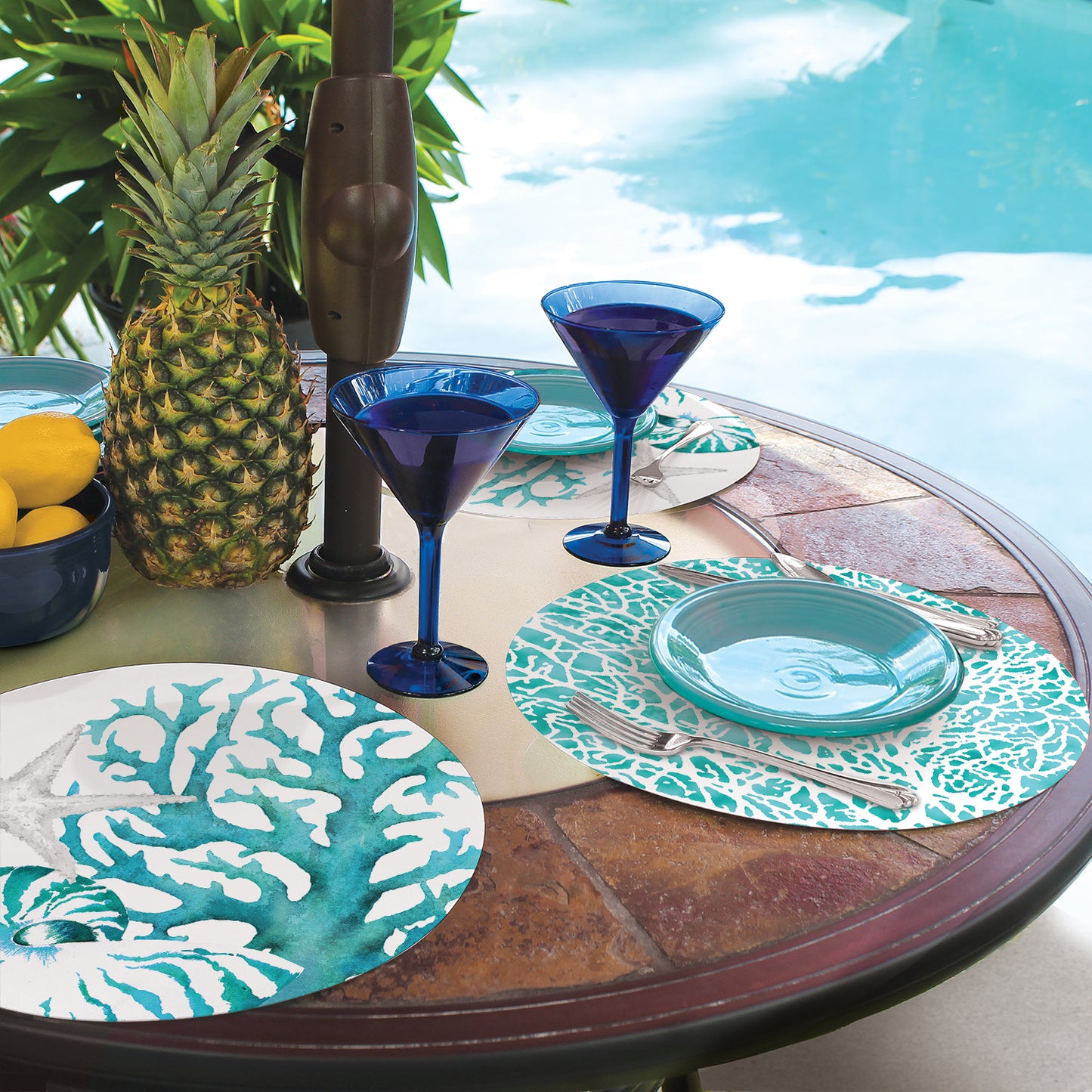 CounterArt Coral Life 4 Pack Round Reversible Easy Care Flexible Placemats Made in the USA