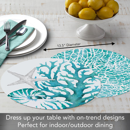 CounterArt Coral Life 4 Pack Round Reversible Easy Care Flexible Placemats Made in the USA